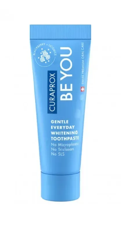 Освітлююча зубна паста Curaprox Be You Blue, блакитного кольору, 10 мл., RDA - 50 Смак: Ожина & Лакриця Освітлююча зубна паста Curaprox Be You Blue, блакитного кольору, 10 мл., RDA - 50 Смак: Ожина & Лакриця