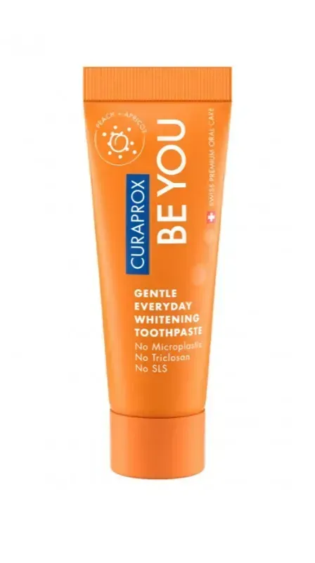 Освітлююча зубна паста Curaprox Be You Orange, помаранчевого кольору, 10 мл., RDA - 50 Смак: Персик&Абрикос Освітлююча зубна паста Curaprox Be You Orange, помаранчевого кольору, 10 мл., RDA - 50 Смак: Персик&Абрикос