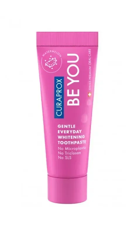 Освітлююча зубна паста Curaprox Be You Pink, рожевого кольору, 10 мл., RDA - 50 Смак: Кавун Освітлююча зубна паста Curaprox Be You Pink, рожевого кольору, 10 мл., RDA - 50 Смак: Кавун