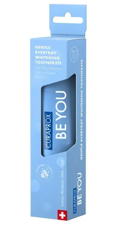 Освітлююча зубна паста Curaprox Be You Blue, блакитного кольору, 60 мл., RDA - 50 Смак: Ожина & Лакриця Освітлююча зубна паста Curaprox Be You Blue, блакитного кольору, 60 мл., RDA - 50 Смак: Ожина & Лакриця