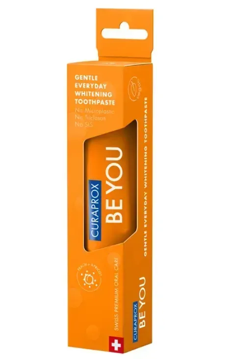 Освітлююча зубна паста Curaprox Be You Orange,помаранчевого кольору , 60 мл. , RDA - 50 Смак: Персик & Абрикос Освітлююча зубна паста Curaprox Be You Orange,помаранчевого кольору , 60 мл. , RDA - 50 Смак: Персик & Абрикос