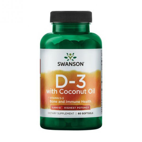 Swanson, D3 з кокосовою олією, найефективніша, 5000 МО - 60 softgels Swanson, D3 з кокосовою олією, найефективніша, 5000 МО - 60 softgels